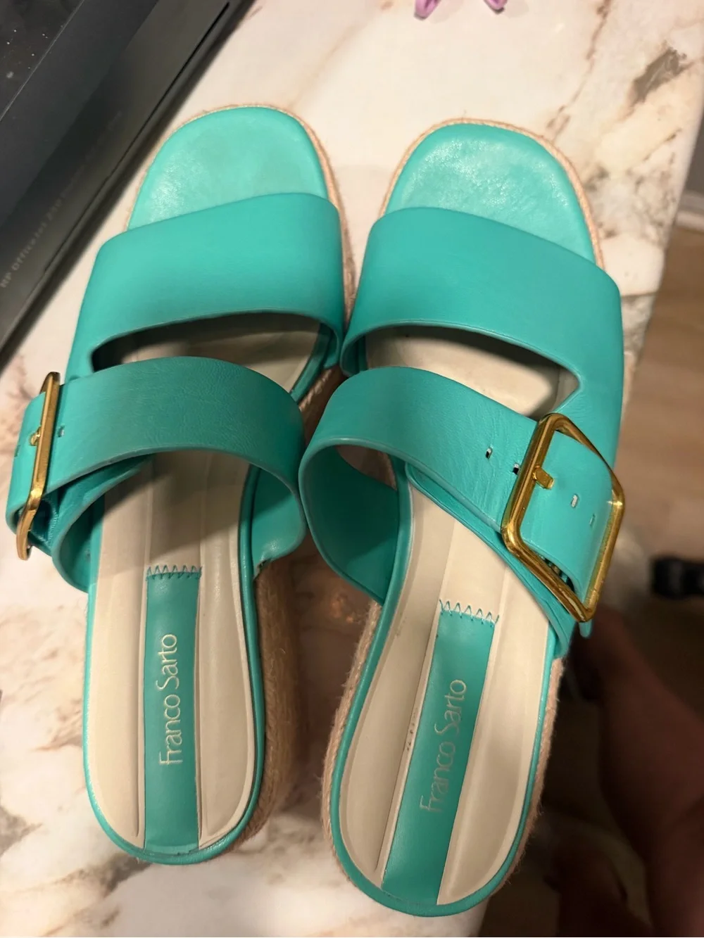 Franco Sarto Turquoise Espadrille Slide Sandals with Gold Buckle